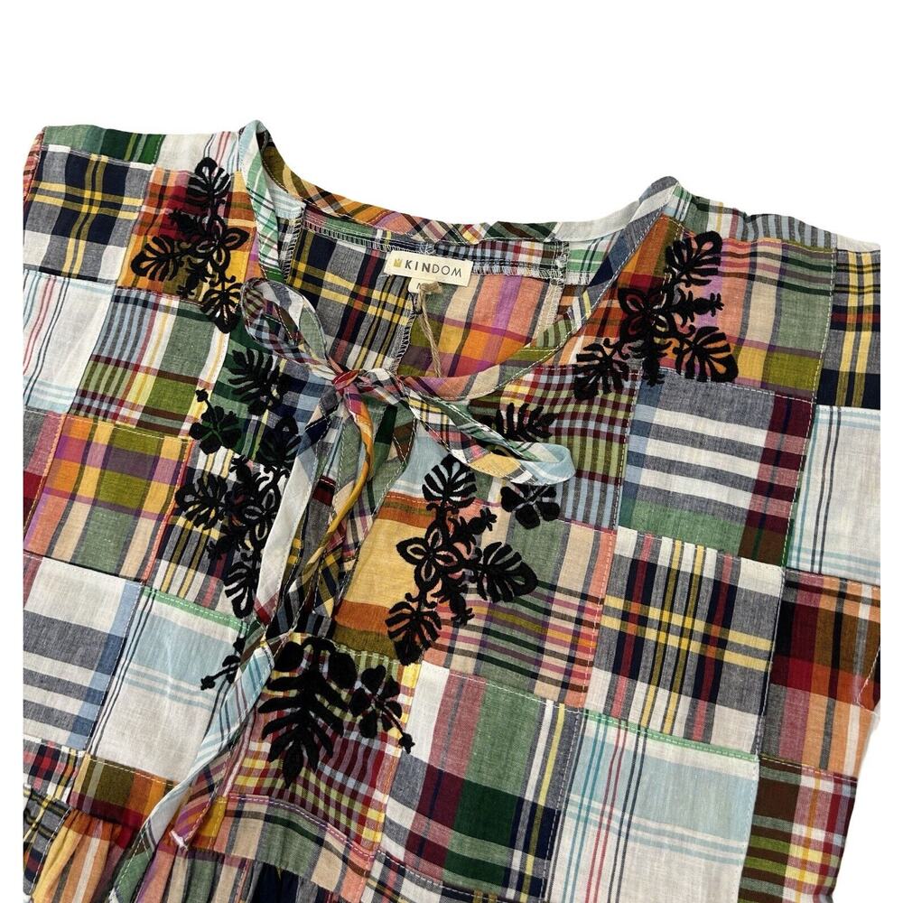 Kindom Madras Patchwork Embroidered Dress Size M Multicolor Pockets Cottagecore - Picture 2 of 8
